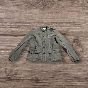 Coldwater Creek Classic Gray Black Denim Jacket Raw Seams Embroidered Beads 8